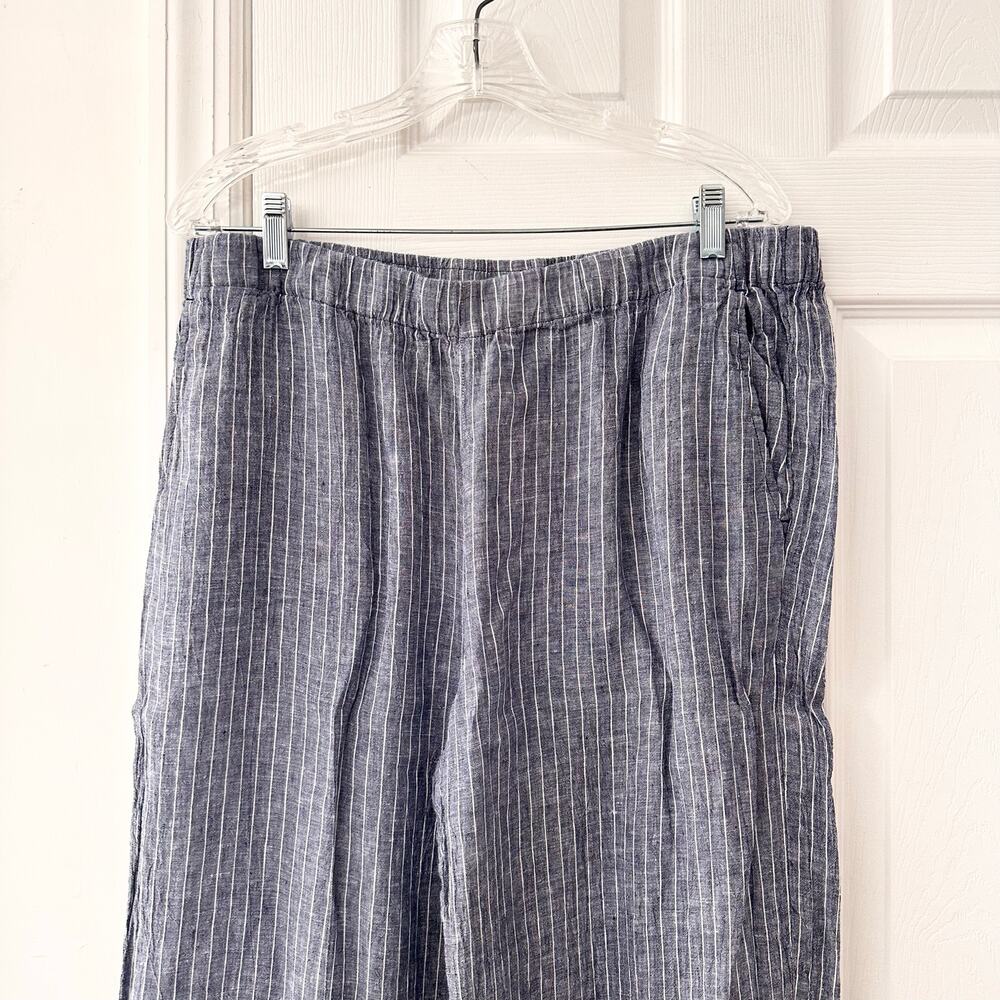 Eileen Fisher Puckered Linen Ocean Stripe Ankle Wide Leg Pants Large Coastal - Picture 3 of 8
